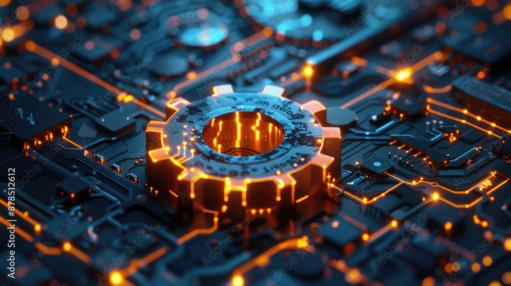 Poster digital 3d gear icon, engineering technology. artificial intelligence in system setting optimization