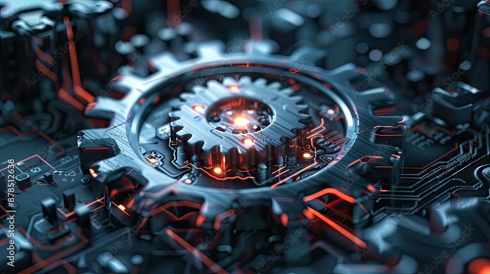 Poster digital 3d gear icon, engineering technology. artificial intelligence in system setting optimization