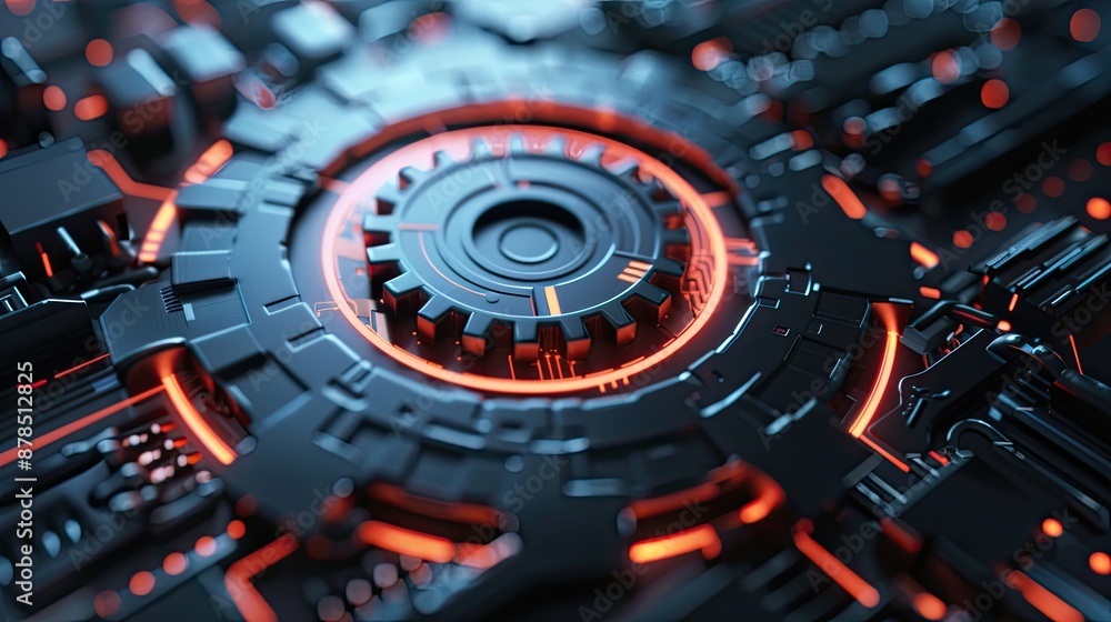 Poster digital 3d gear icon, engineering technology. artificial intelligence in system setting optimization