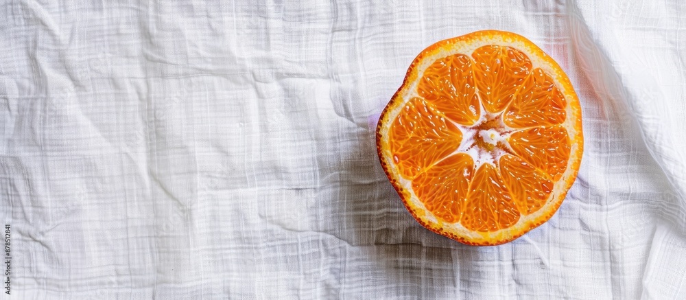 Poster top-down view of a halved mandarin on a white tablecloth, creating a photo template with copy space 