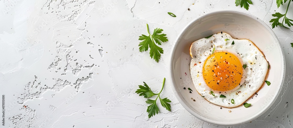 Poster white background with a steamed egg on it, providing abundant empty space for additional content in 