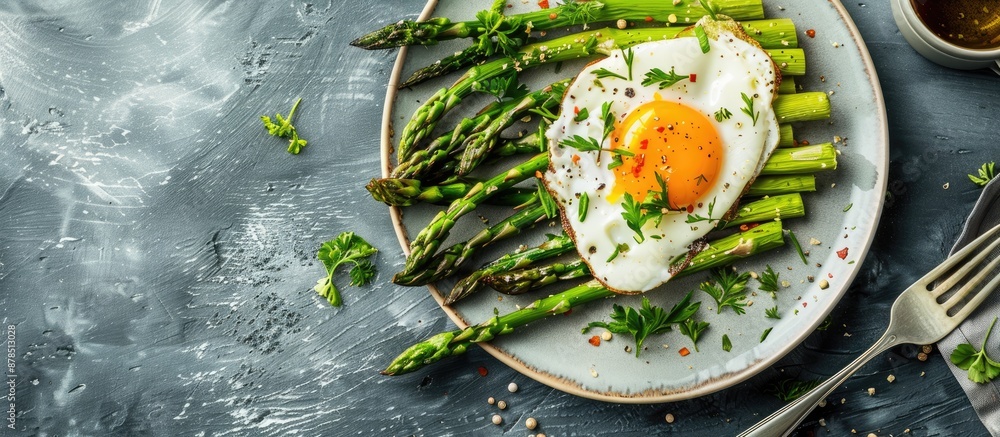 Poster roasted asparagus and fried egg displayed on a plate against a table background with copy space imag