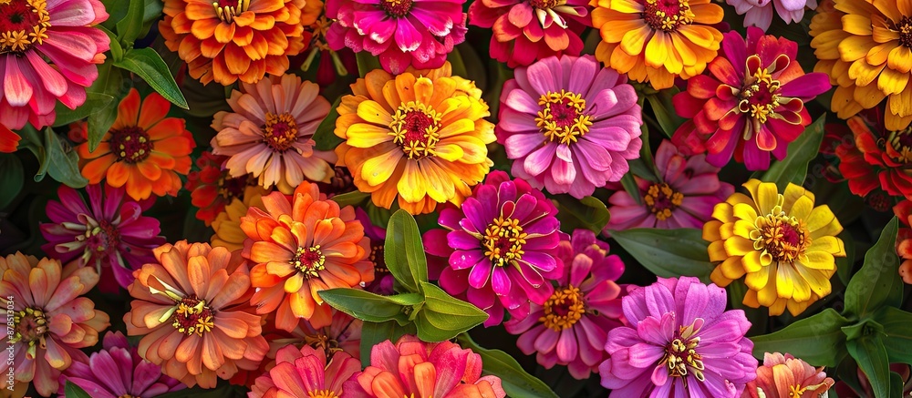 Poster the vibrant hues and varied patterns of zinnias create a captivating visual experience in a copy spa