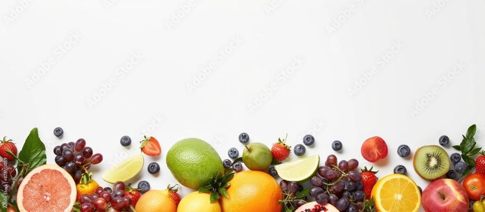 Poster panoramic display of various fresh fruits on a white backdrop, featuring wide copy space image for t