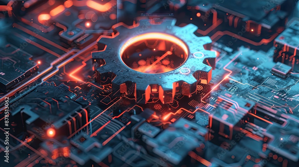 Poster digital 3d gear icon, engineering technology. artificial intelligence in system setting optimization