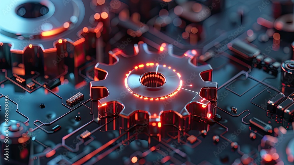 Poster digital 3d gear icon, engineering technology. artificial intelligence in system setting optimization