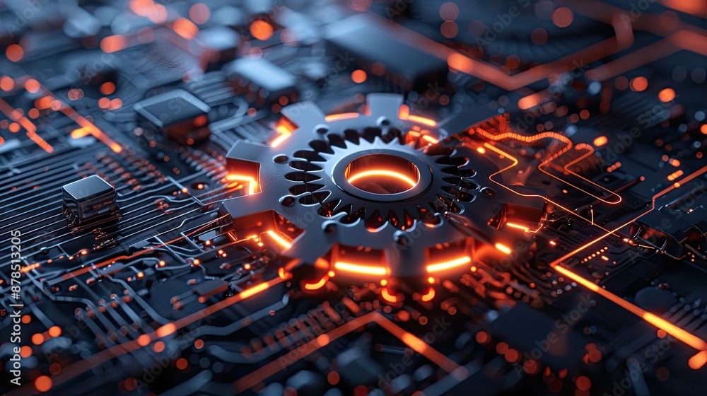 Poster digital 3d gear icon, engineering technology. artificial intelligence in system setting optimization