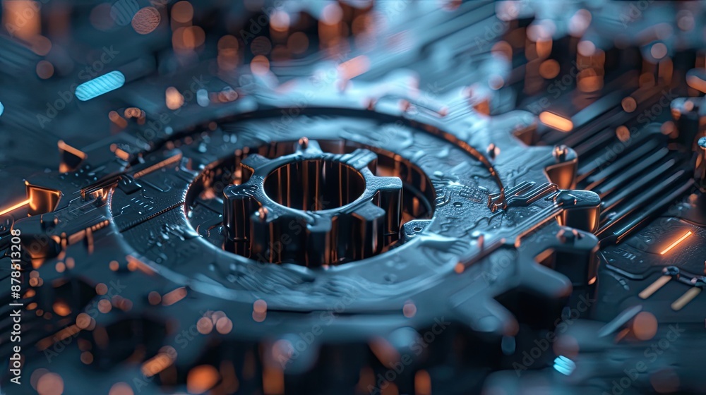Poster digital 3d gear icon, engineering technology. artificial intelligence in system setting optimization