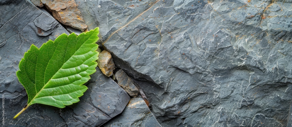 Poster rock background with a green leaf and ample copy space image provided.