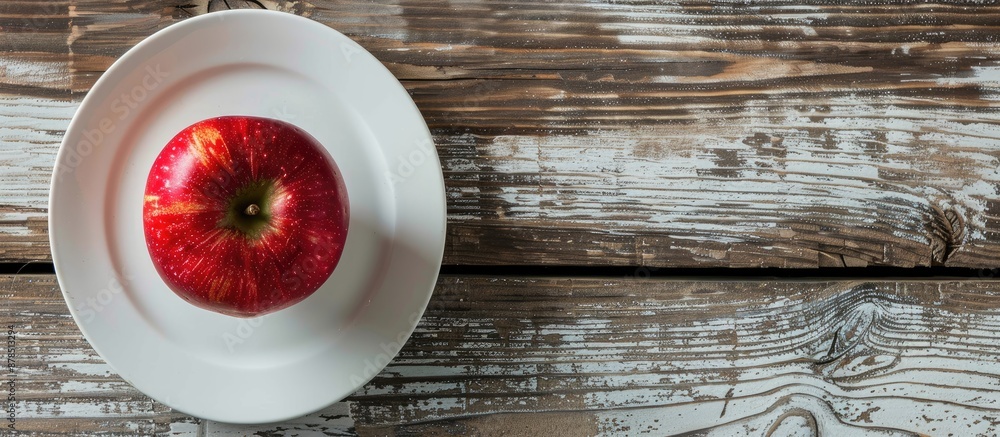 Aufkleber top view of a fresh red apple perfectly sliced on a white plate with ample copy space image.