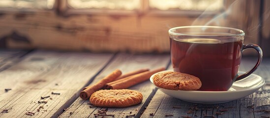 Selective focus image with copy space of tea and cinnamon cookies on a table, with a tinted effect.