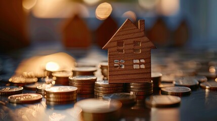 Miniature wooden model house on stacked coins. Mortgage, loan, buying a house or apartment,