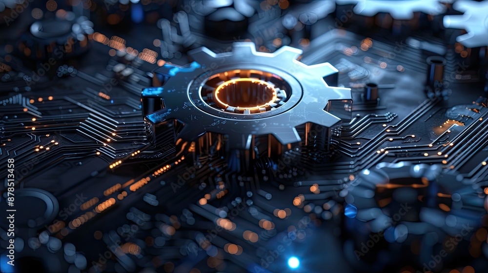 Poster digital 3d gear icon, engineering technology. artificial intelligence in system setting optimization