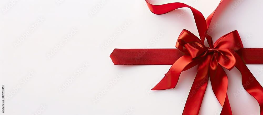 Poster red ribbons with a bow displayed in a copy space image on a white background.