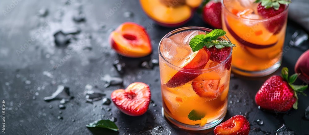 Poster peach and strawberry fizz - a refreshing summer drink with copy space image.