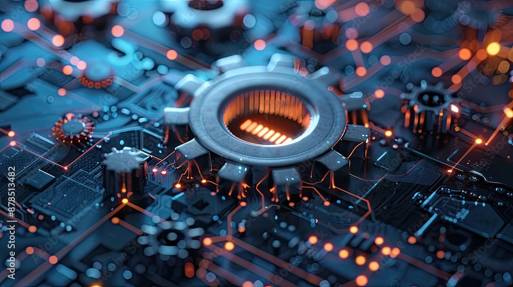 Poster digital 3d gear icon, engineering technology. artificial intelligence in system setting optimization