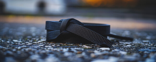 Black martial arts belt lying on gravel path