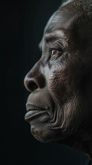 Close-up portrait of a wise, elderly black man with white hair, wrinkles, and a serious yet peaceful expression against a dark background, highlighting resilience and strength