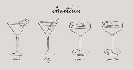 Types of martinis line art, cocktails, drinks, beverages, bar menu, classic, dirty, espresso, pornstar