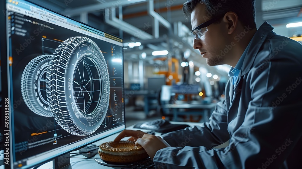 Poster a male engineer examining a complex futuristic digital model on a computer screen in a high-tech