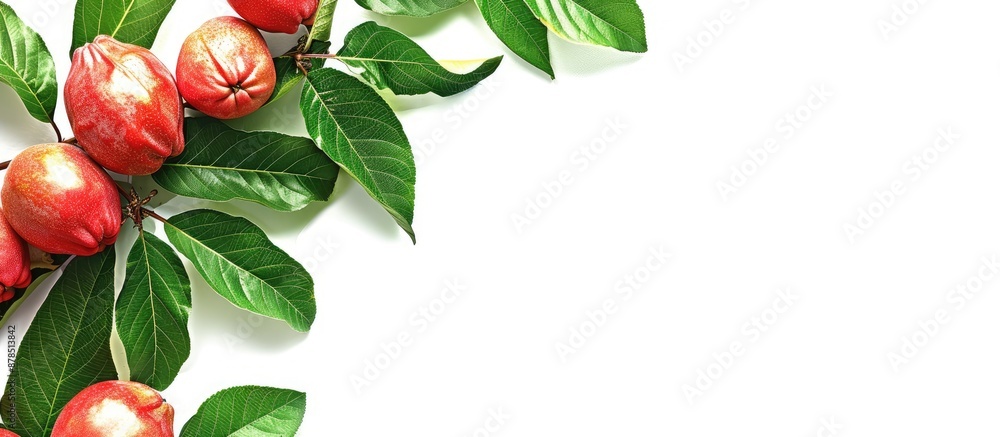 Poster white background with guava leaves providing ample copy space image.