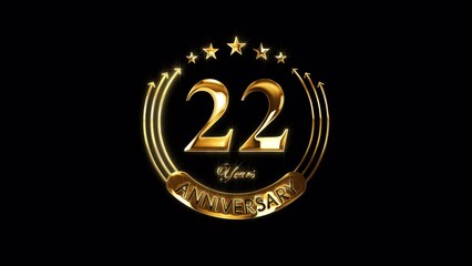 Happy 22nd Anniversary Celebration. Golden 22 Years Anniversary Animation in Gold Color on the Transparent Background, Alpha Channel. Great for greetings, celebrations, events, and gifts.