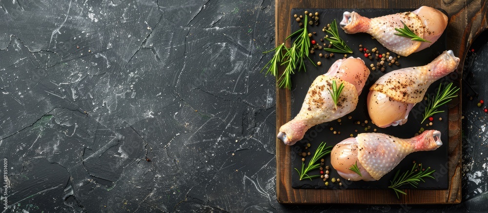 Poster healthy menu concept featuring boiled chicken legs on a food background in a top view with copy spac