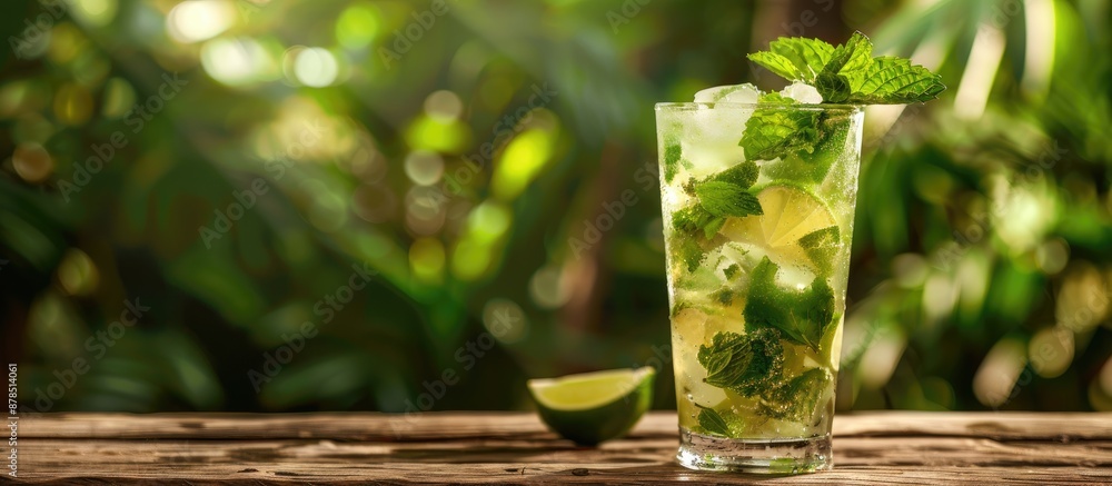 Poster mojito cocktail presented on a wooden table with space for text or graphics in the background. image