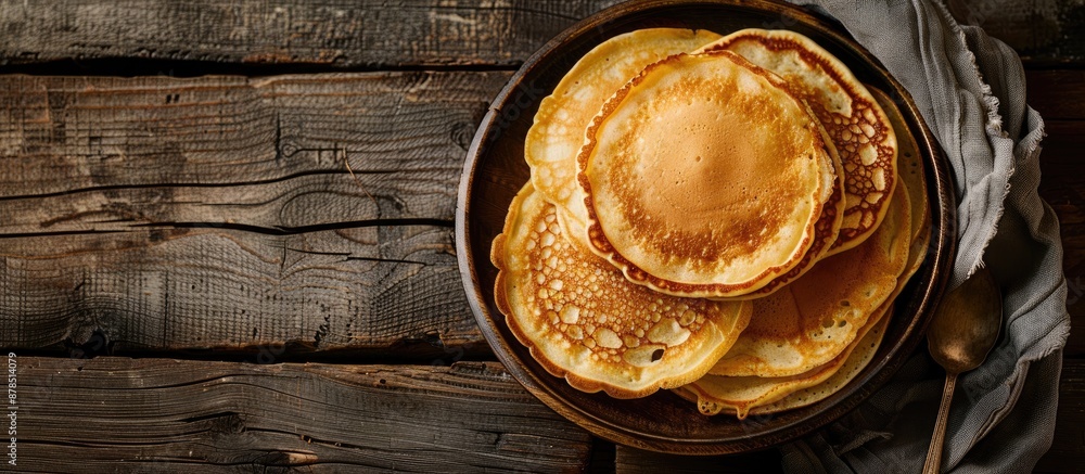 Poster top-down view of fried pancakes on a rustic wooden table with a background suitable for adding addit