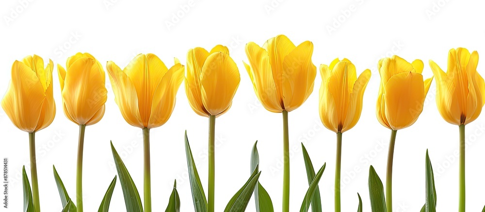Poster yellow tulips set against a white background with ample copy space image.