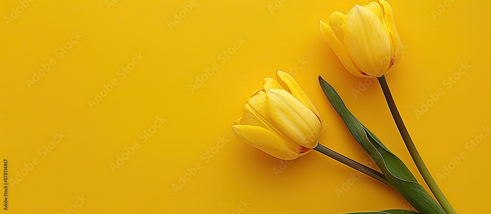 Aufkleber yellow tulip arranged on a yellow surface with a flat lay perspective from above, leaving room for t