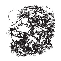stylish lion illustration line art for tattoo print black and white vector high quality