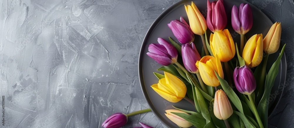 Poster top view of a spring-themed easter table setting featuring vibrant yellow and purple tulips on a gre