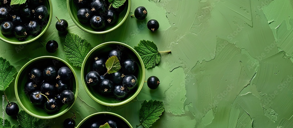 Poster top view of blackcurrant berries and leaves arranged in green bowls on a banner. flat lay with copy 