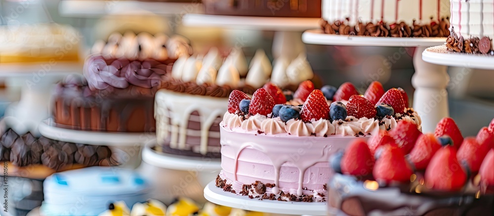 Poster selective focus on cakes displayed on a table with copy space image available.