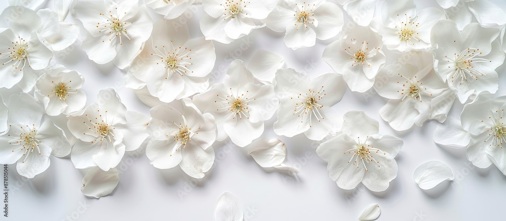 Poster minimalistic white flowers background with petals in a top view composition, representing the concep