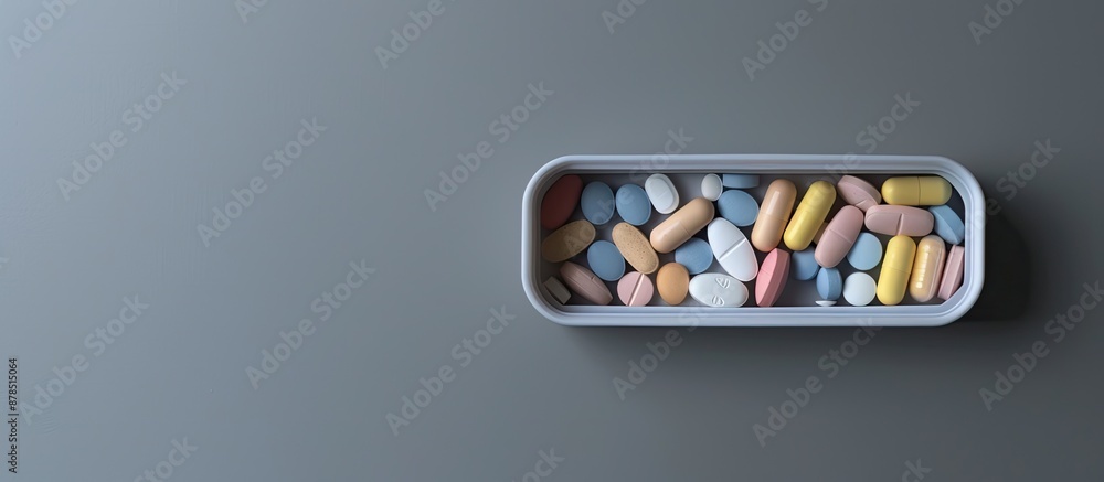 Aufkleber medical pills inside a container placed on a grey background with ample copy space image available.