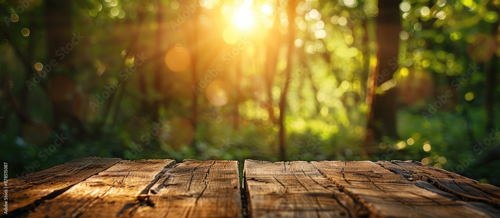 Poster vintage toned image of an abstract bokeh in a green forest with the sun, featuring a wooden table fo