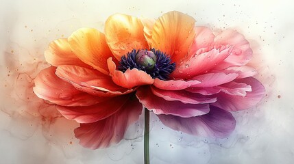   A vibrant orange and pink blossom with water droplets adorning its petals and a lush green stem against a pure white backdrop