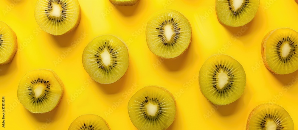 Poster yellow copy space image featuring a unique diagonal pattern of kiwi fruit (actinidia deliciosa).