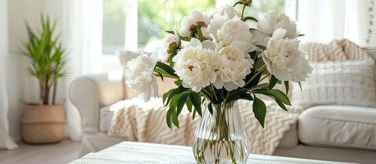Home interior living room with a serene still life setting featuring a vase of white peonies, embodying a cozy spring concept with a copy space image available.