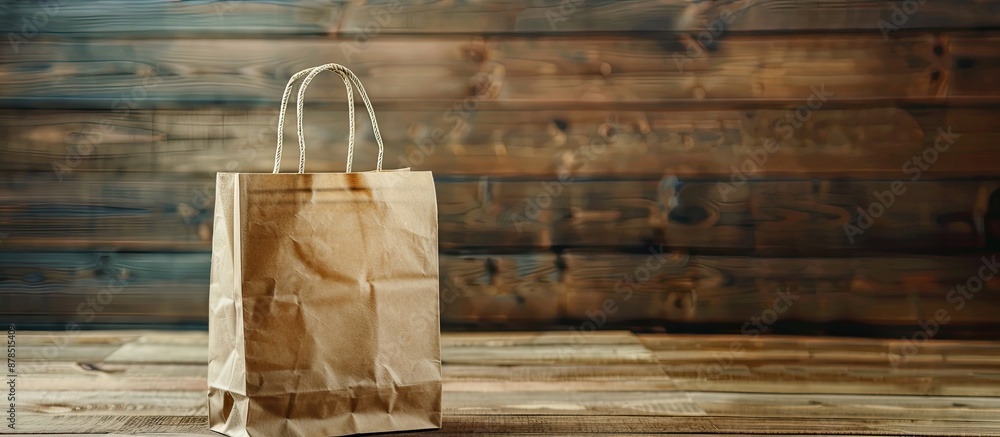 Poster Shopping bag placed on a table with a wooden background, creating a copy space image.