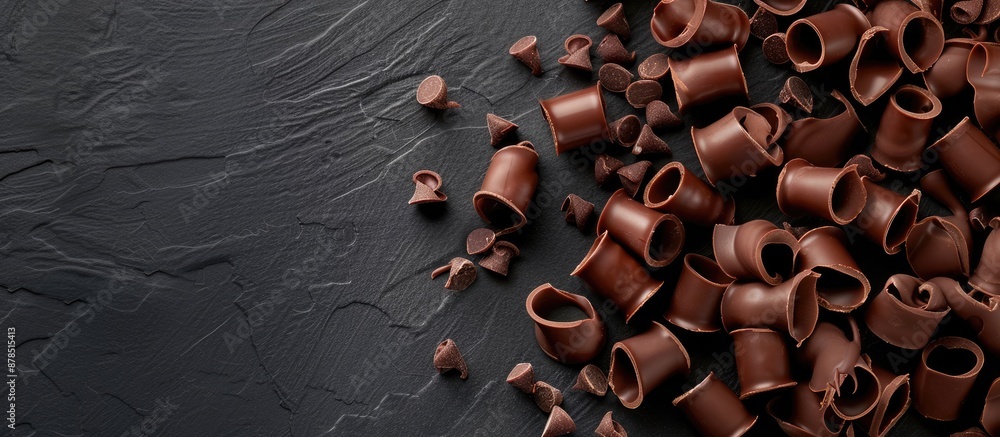 Poster top view of chocolate curls on a black backdrop with copy space image.