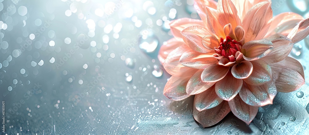 Poster stylish flat lay frame featuring a beautiful flower on a shiny silver backdrop with a spacious copy 