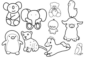 Animal cute Alpaca Penguin Lion Koala Elephant Horse Cow Duck Bear Bird hand drawn 
