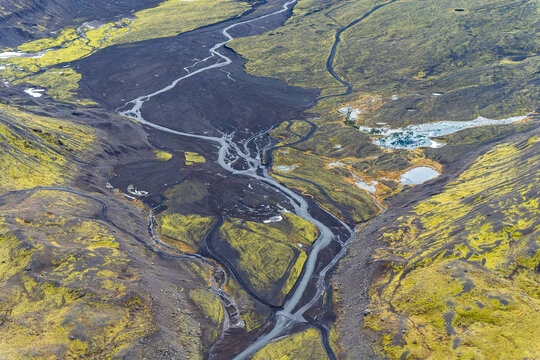 Dramatic aerial view of summer highlands with vivid textures