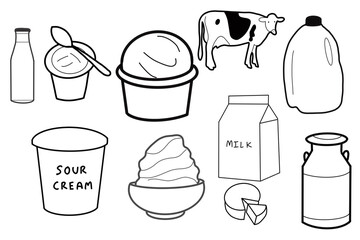 Obraz premium Cow, Milk box, Milk container, Milk bottle, Cheese, Yogurt Sour cream Whipping Milk Gallon doodle organic line cute hand drawn 