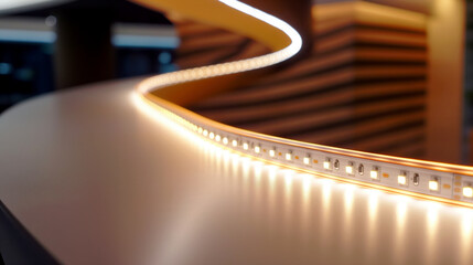 Close-up view of illuminated LED strip lights installed along a curved surface in an interior setting.
