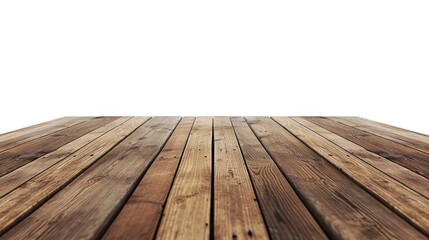 Empty wooden deck with tablecloth on a white background