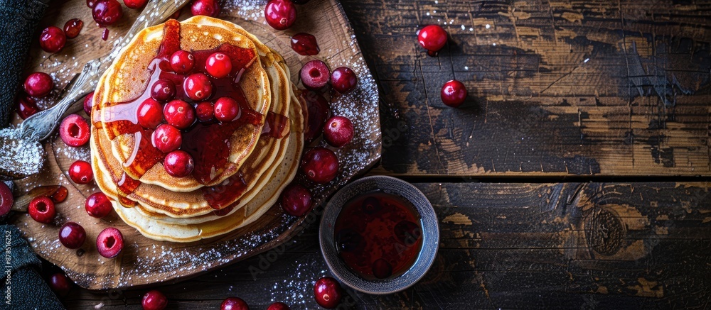 Poster top down view of a pile of pancakes topped with cranberry syrup on a wooden surface with a dark back